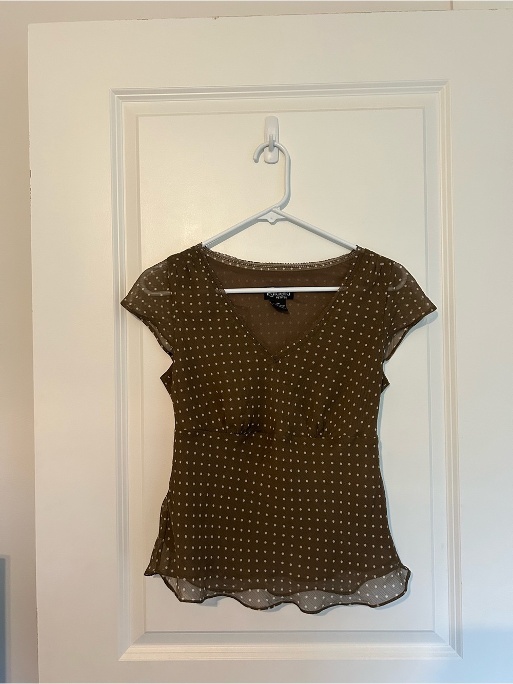 Rafaella Brown Polka Dot V-Neck Short Sleeve Blouse